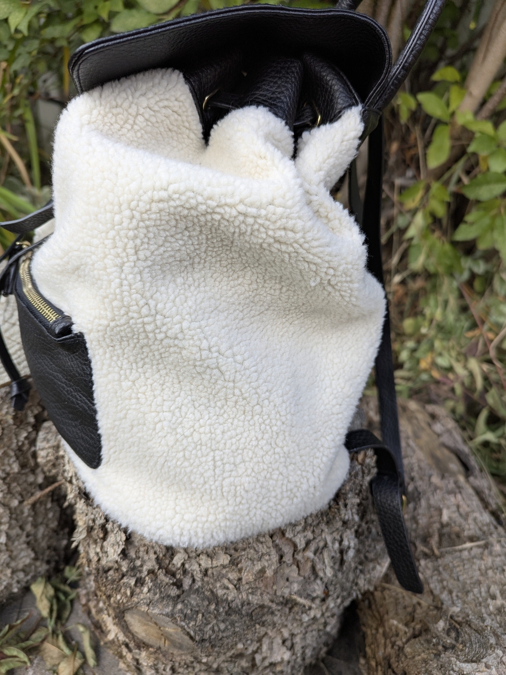 Indigo Cozy Chic Faux Shearling Sherpa Backpack Black Leather Buckle Daypack - Picture 8 of 14